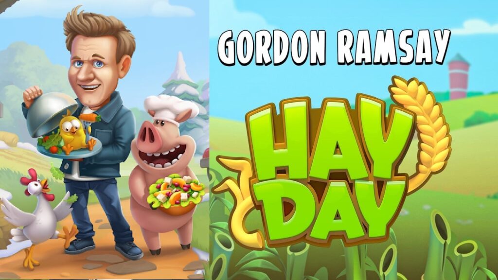 صورة مميزة لأخبارنا في Hay Day Gordon Ramsay. يظهر جوردون وهو يحمل طبقًا في يده مع الخنزير والديك من اللعبة بجانبه مباشرةً.